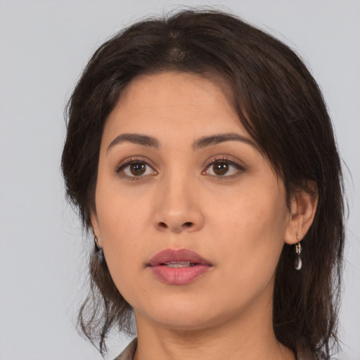 Neutral asian young-adult female with long  brown hair and brown eyes