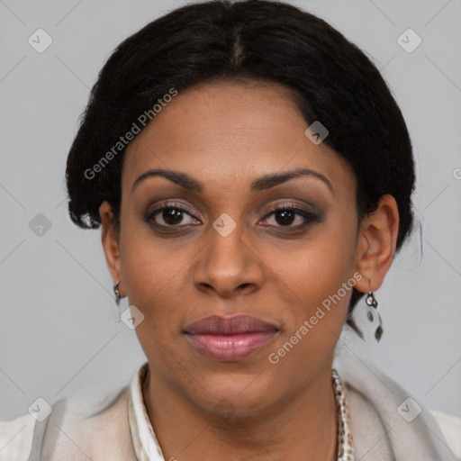 Joyful latino young-adult female with medium  black hair and brown eyes