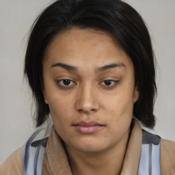 Neutral asian young-adult female with medium  brown hair and brown eyes