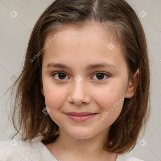 Joyful white child female with medium  brown hair and brown eyes