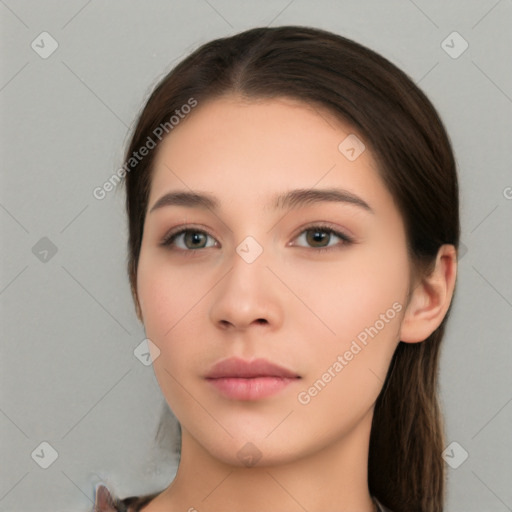 Neutral white young-adult female with long  brown hair and brown eyes