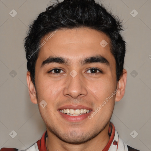Joyful white young-adult male with short  black hair and brown eyes