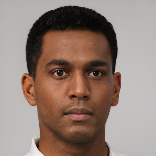 Neutral black young-adult male with short  black hair and brown eyes