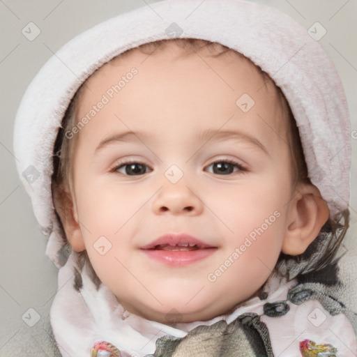 Joyful white child female with medium  brown hair and blue eyes