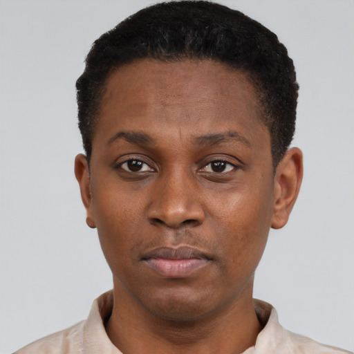 Neutral black young-adult male with short  black hair and brown eyes