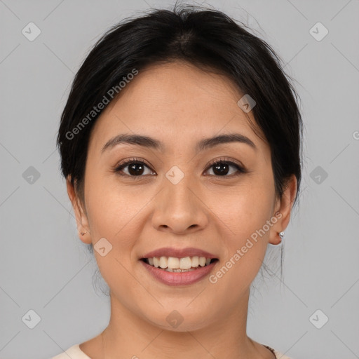 Joyful asian young-adult female with medium  brown hair and brown eyes