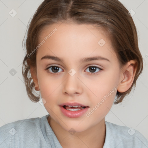 Joyful white child female with medium  brown hair and brown eyes