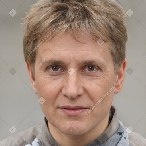 Joyful white middle-aged male with short  brown hair and brown eyes