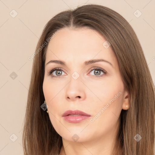 Neutral white young-adult female with long  brown hair and brown eyes