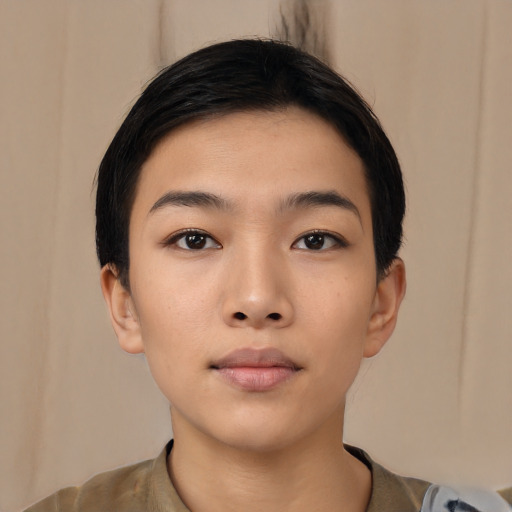 Neutral asian young-adult female with short  brown hair and brown eyes