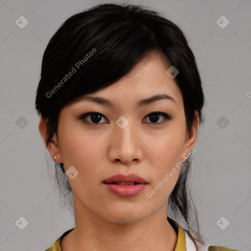 Neutral asian young-adult female with medium  black hair and brown eyes