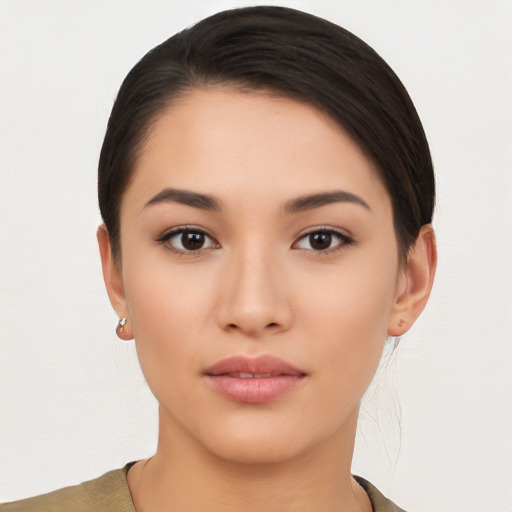 Neutral asian young-adult female with short  black hair and brown eyes