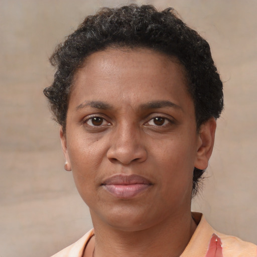 Neutral latino adult female with short  brown hair and brown eyes