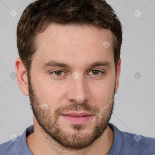 Neutral white young-adult male with short  brown hair and grey eyes