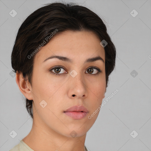 Neutral white young-adult female with short  brown hair and brown eyes