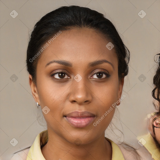 Joyful black young-adult female with medium  brown hair and brown eyes