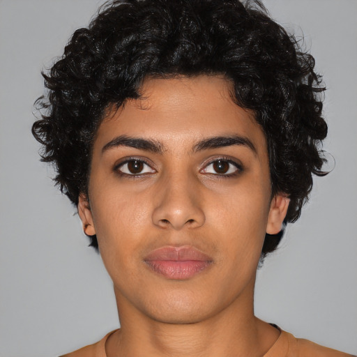 Neutral latino young-adult female with short  black hair and brown eyes