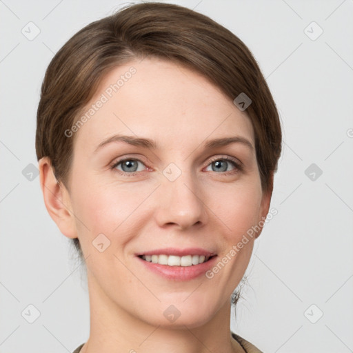 Joyful white young-adult female with short  brown hair and grey eyes