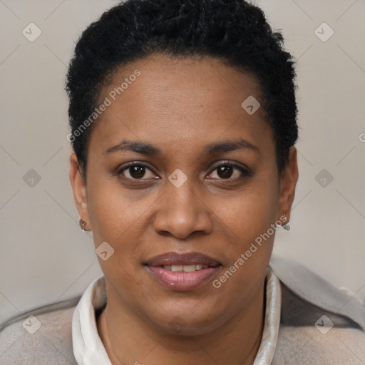 Joyful black young-adult female with short  black hair and brown eyes