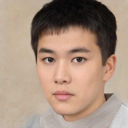 Neutral asian young-adult male with short  brown hair and brown eyes