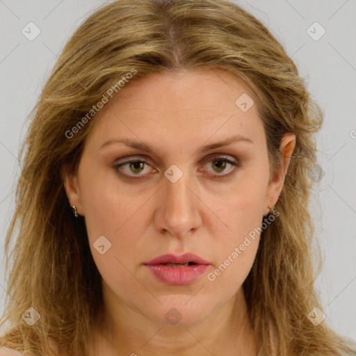 Joyful white young-adult female with long  brown hair and green eyes