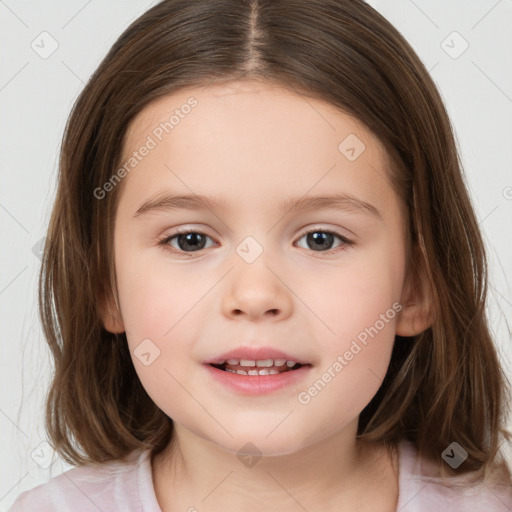 Joyful white child female with medium  brown hair and brown eyes