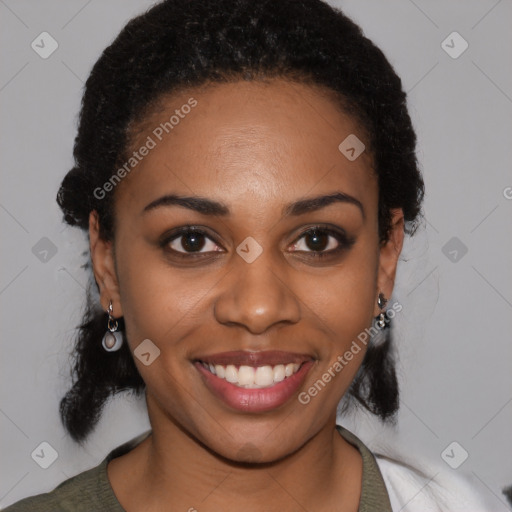 Joyful latino young-adult female with medium  black hair and brown eyes