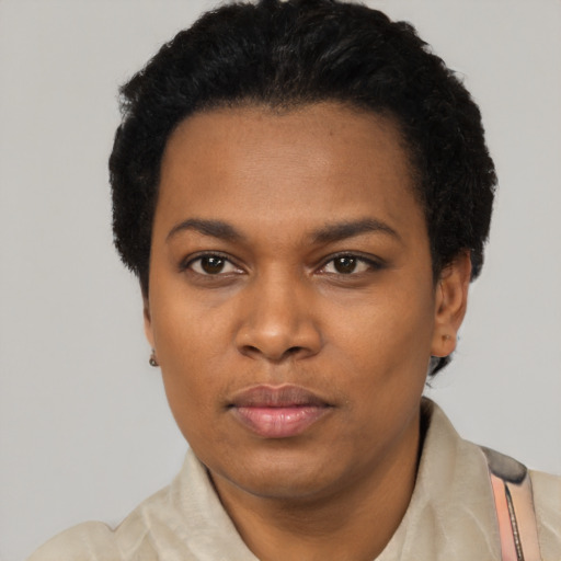Neutral black young-adult female with short  black hair and brown eyes
