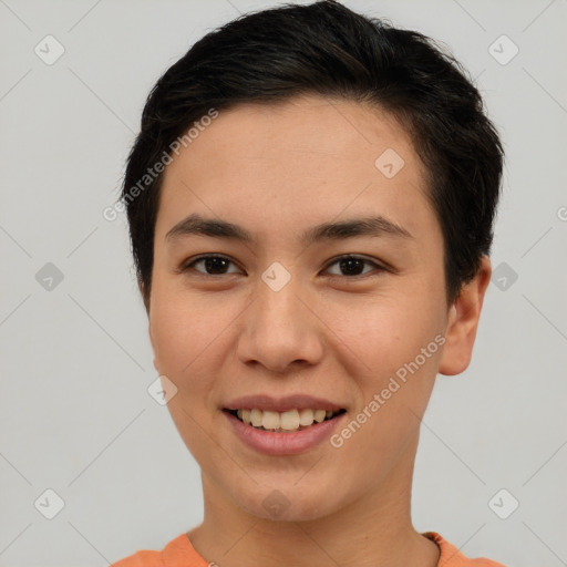 Joyful white young-adult female with short  brown hair and brown eyes