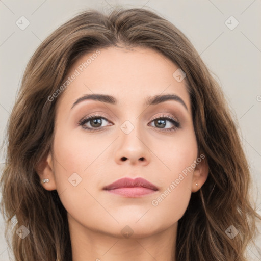 Neutral white young-adult female with long  brown hair and brown eyes