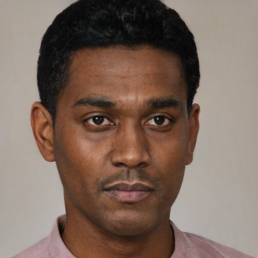 Neutral black young-adult male with short  black hair and brown eyes