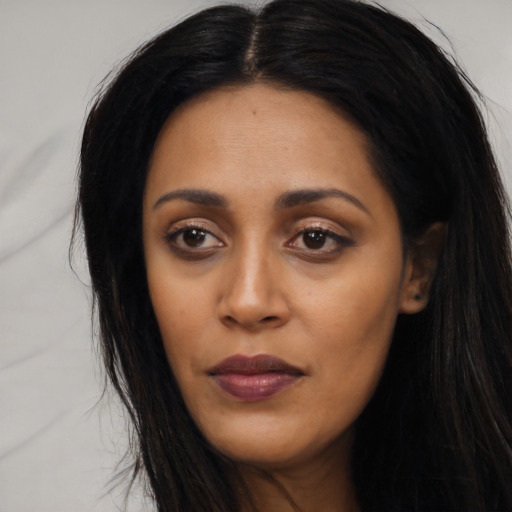 Neutral asian young-adult female with long  black hair and brown eyes