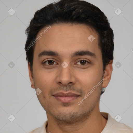 Neutral latino young-adult male with short  black hair and brown eyes