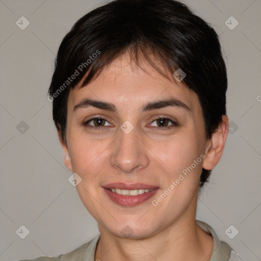 Joyful white young-adult female with medium  brown hair and brown eyes