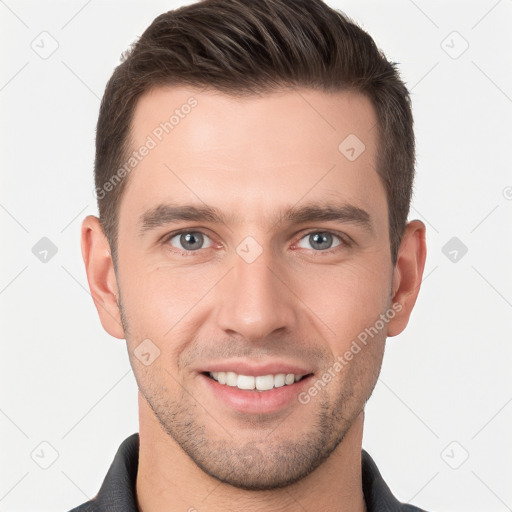 Joyful white young-adult male with short  brown hair and brown eyes