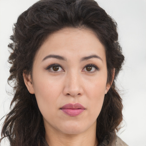 Neutral asian young-adult female with long  brown hair and brown eyes