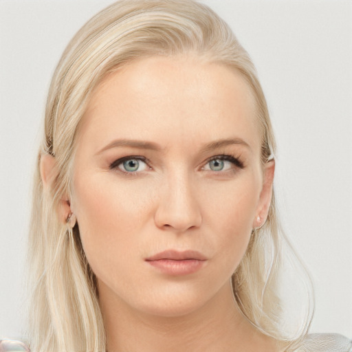 Neutral white young-adult female with long  blond hair and blue eyes