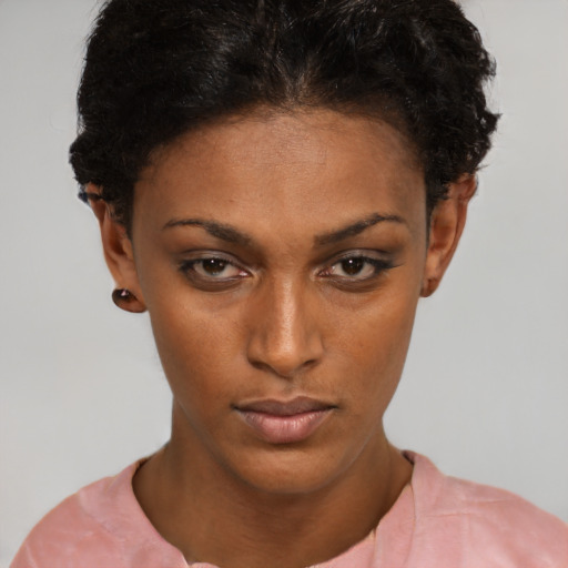 Neutral black young-adult female with short  brown hair and brown eyes