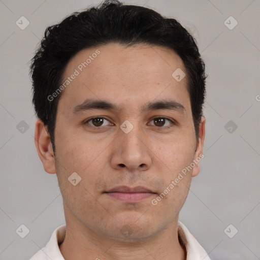 Neutral asian young-adult male with short  brown hair and brown eyes