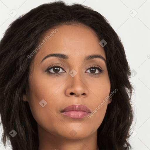 Joyful latino young-adult female with long  brown hair and brown eyes