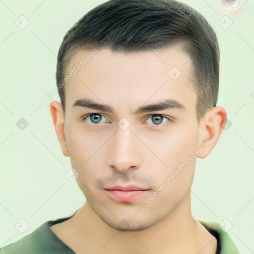 Neutral white young-adult male with short  brown hair and brown eyes