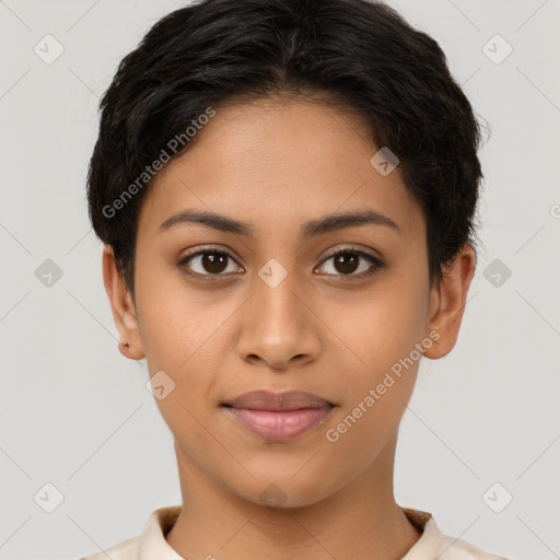 Joyful latino young-adult female with short  brown hair and brown eyes