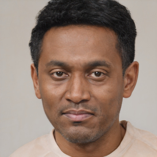 Neutral latino adult male with short  black hair and brown eyes