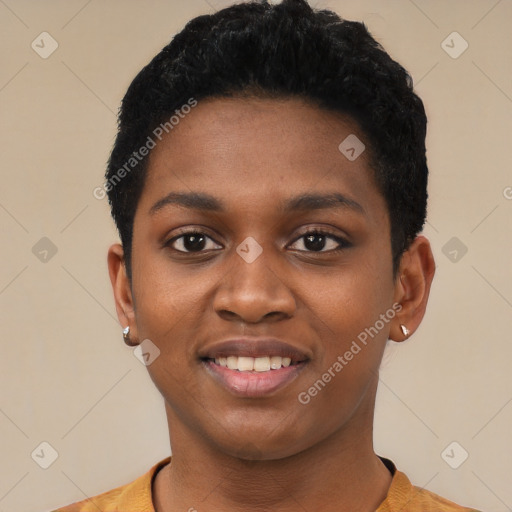 Joyful black young-adult female with short  black hair and brown eyes