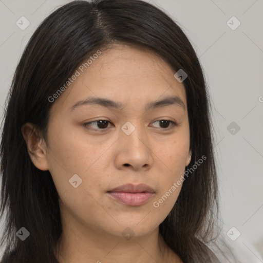 Neutral asian young-adult female with long  brown hair and brown eyes