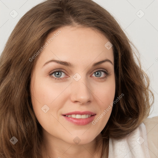 Joyful white young-adult female with long  brown hair and green eyes