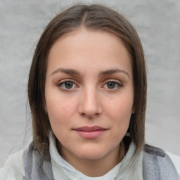 Neutral white young-adult female with medium  brown hair and grey eyes