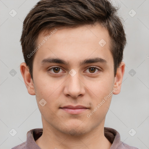 Neutral white young-adult male with short  brown hair and brown eyes