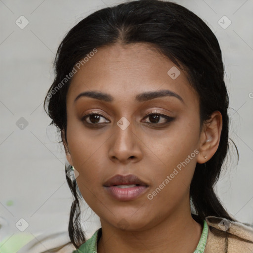 Neutral asian young-adult female with medium  brown hair and brown eyes