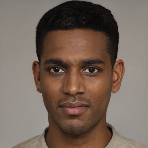 Neutral black young-adult male with short  black hair and brown eyes